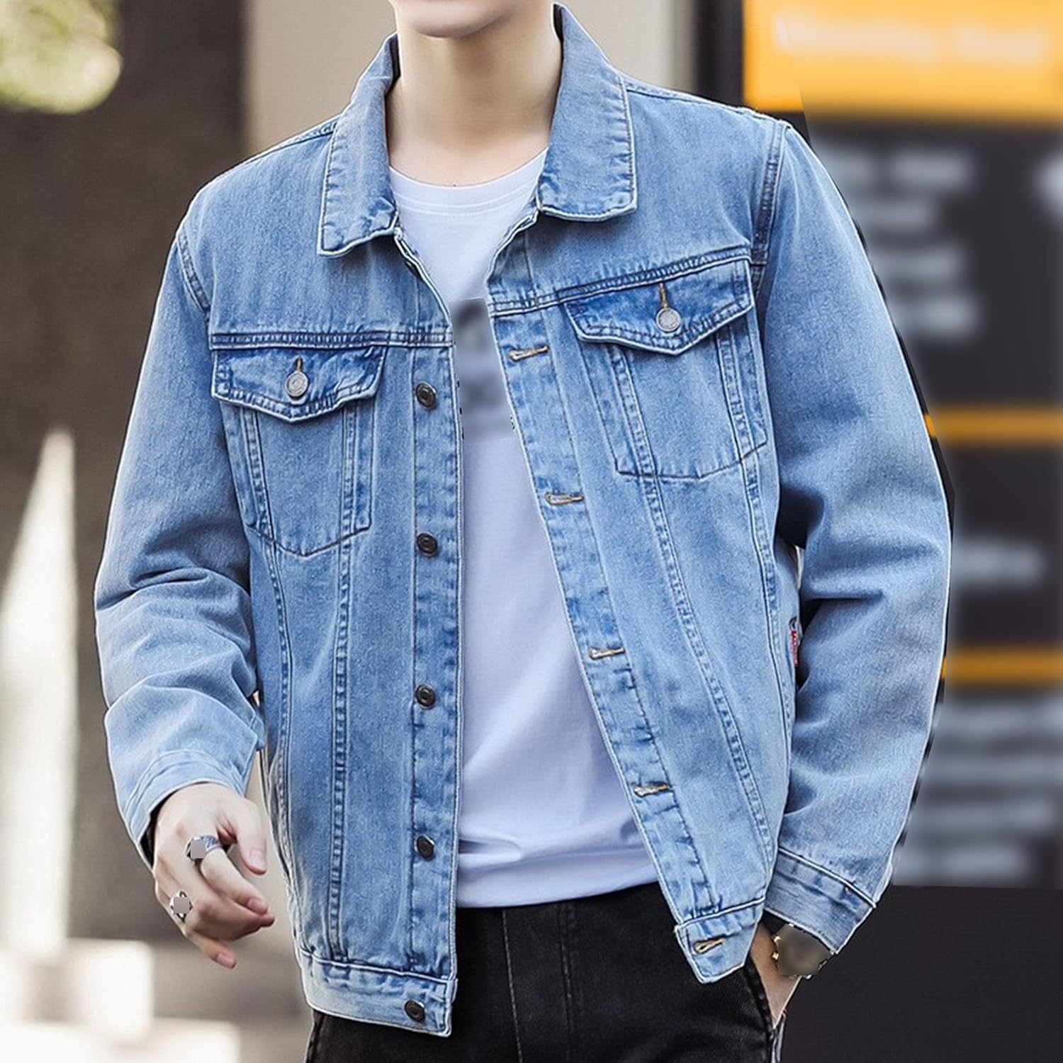 Mens Classic Lapel Jean Jacket Casual Slim Fit Trucker Cowboy Coat Pocket Front Casual Men Denim Jackets