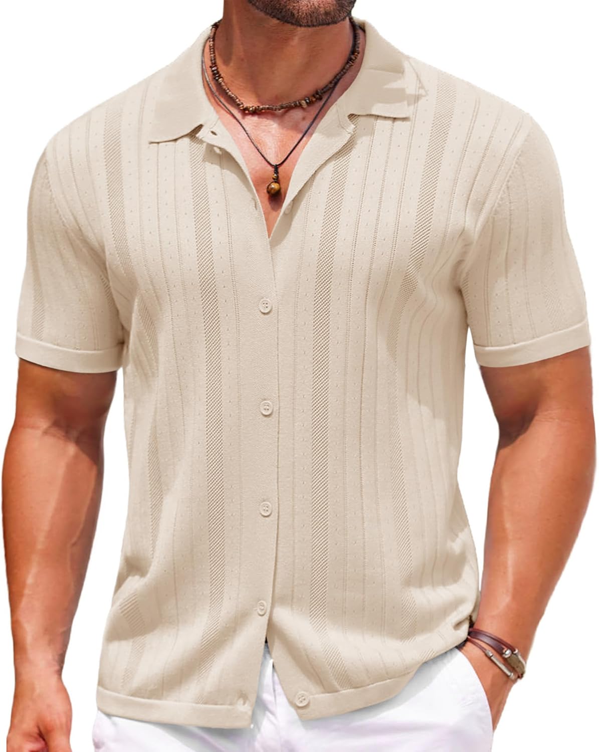 Mens Knit Button Down Shirts Crochet Polo Shirts Vintage Short Sleeve Textured Shirts Summer Beach Tops